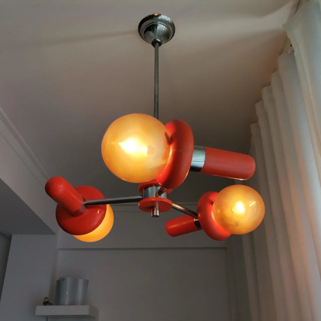 Mid-Century Space Age Orange Wood and Glass Sputnik Chandelier, 1960s For Sale - Image 6 of 11