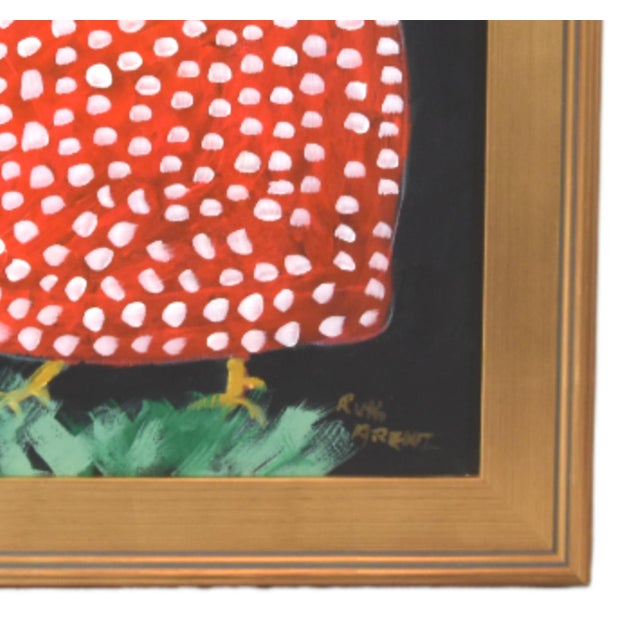 Shabby Chic Red & White Spotted Folk Art Chicken Hen Painting by Ruth Arenz Including the Antiqued Gold Wood Frame For Sale - Image 3 of 6