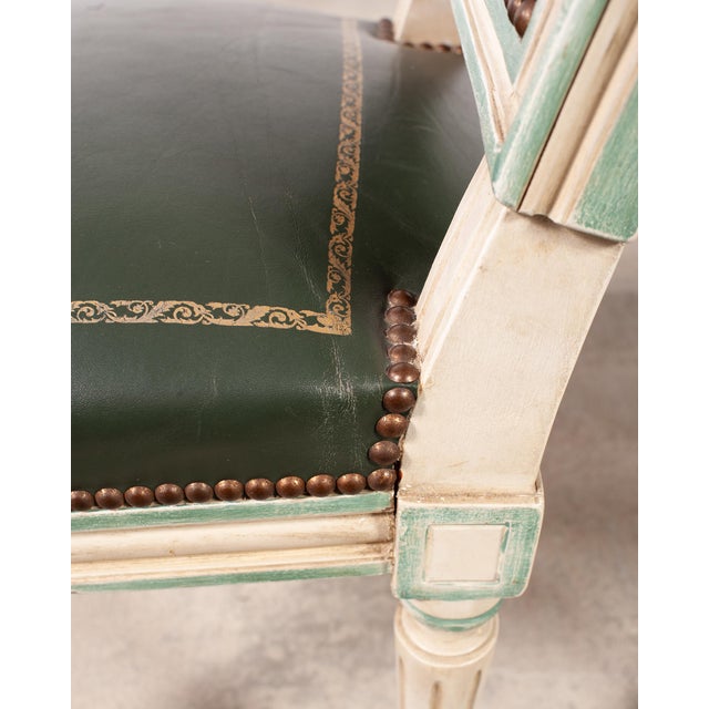 Set of Six Louis XVI Style Painted Dining Chairs Green Leather For Sale - Image 16 of 18
