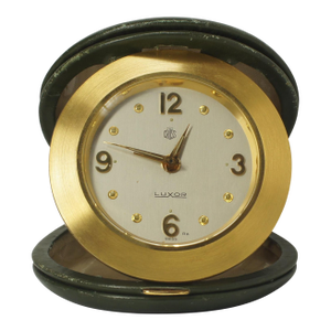 1960s 8-Day Mechanical Folding Travel Alarm Clock With 15 Jewels. Swiss Made by Luxor for Mark Cross