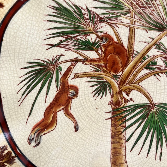 20th Century Crackle-Glazed Earthenware Dish with Exotic Decoration of Monkeys and Palm Trees, 1940s For Sale - Image 6 of 9