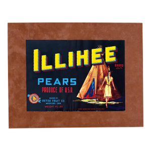 Original Vintage ILLHEE Pears Midford, OR Crate Label, Natie American, Matted