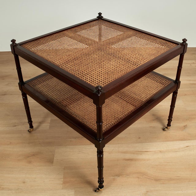 Pair of Vintage British Colonial Two Tiered Caned Tables or Stands by Baker For Sale - Image 9 of 12