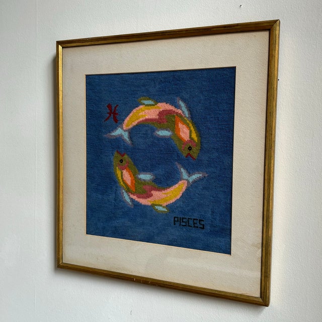 Mid-20th Century Pisces Zodiac Needlepoint, Framed For Sale - Image 9 of 12