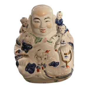 Antique Chinese Famille Rose Porcelain Fertility Buddha With Children Statue