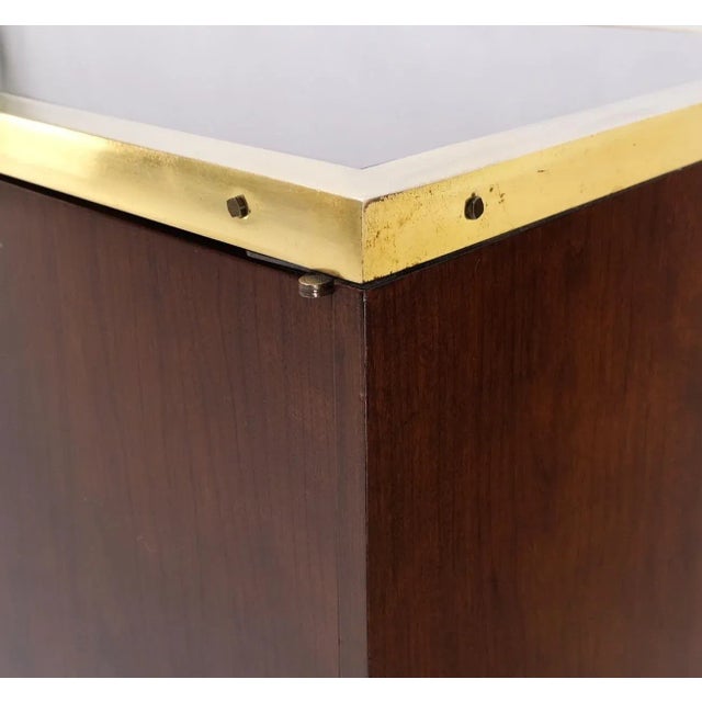 Mid-Century Modern Campaign Style Brass Walnut Mid Century Drawers Doors Compartment Long Credenza For Sale - Image 3 of 13