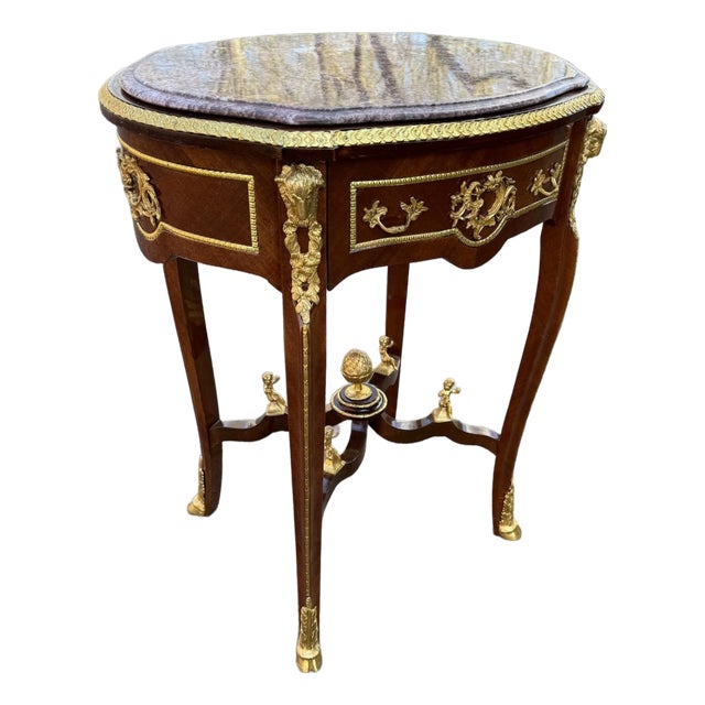 1960s French Louis XVI Pink Marble Mahogany Center Table 1pc For Sale