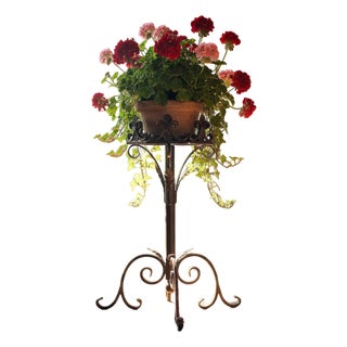 Hand Forged Iron Pedestal Stand 32″ (82cm) Antique Copper Patina Fleur-de-Lis Plant Holder & Pillar Candle Stick Rustic Decor For Sale
