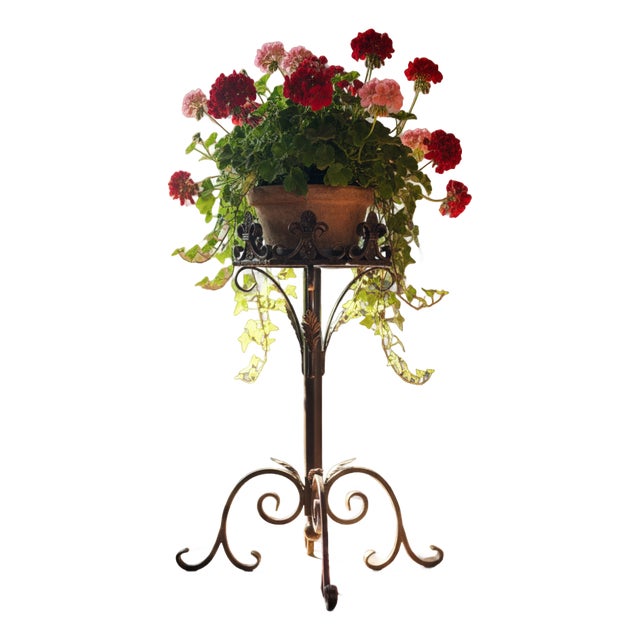 Hand Forged Iron Pedestal Stand 32″ (82cm) Antique Copper Patina Fleur-de-Lis Plant Holder & Pillar Candle Stick Rustic Decor For Sale