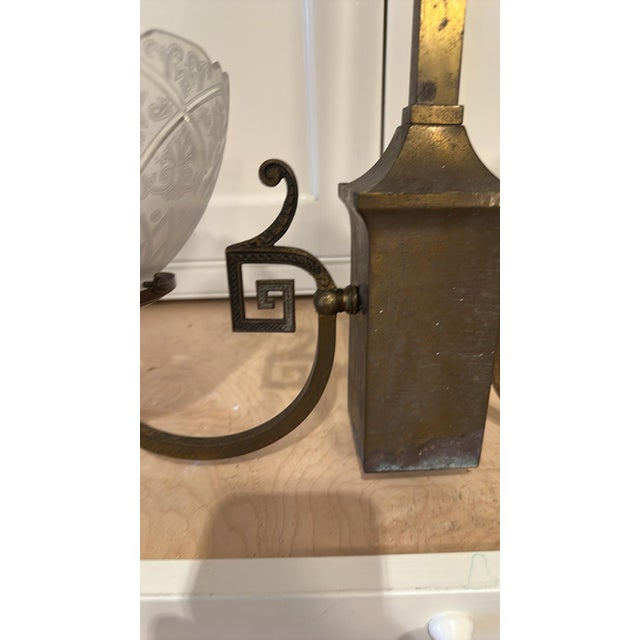 American Vintage Two Arm Brass Fixture With Vintage Etched Glass Gas Shades For Sale - Image 3 of 12