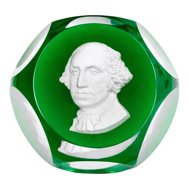 1954 Baccarat Green Crystal George Washington Sulfide Paperweight For Sale