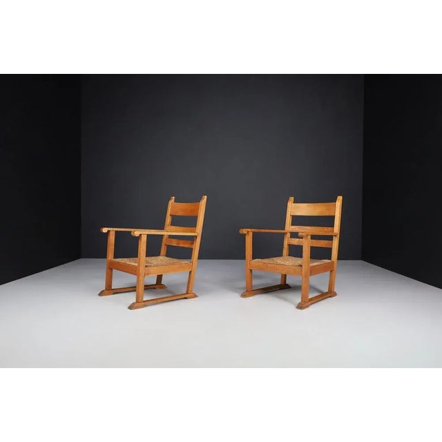 French Provincial Oak and Rush Armchairs, France, 1940s, Set of 2 For Sale - Image 4 of 10