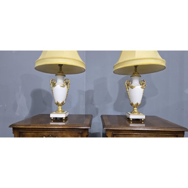 Superior pair of French white marble table lamps with top quality ormolu mounts, rewired and ready to use, excellent...