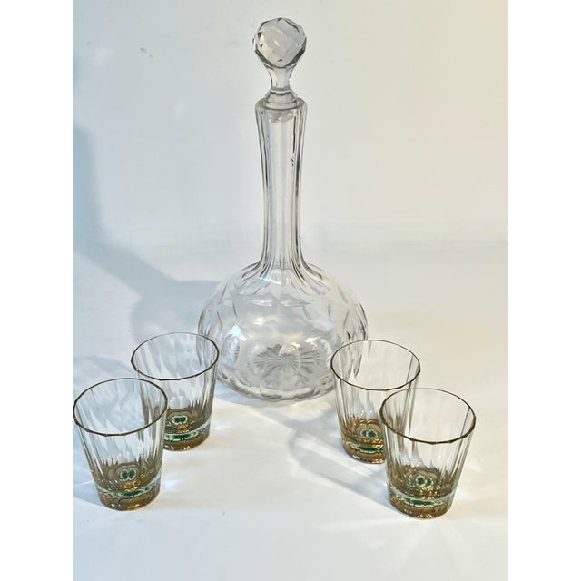Contemporary Decanter and Four Crystal Shot Glasses with Hand Painted Clover Details - 5 Pieces For Sale - Image 3 of 12