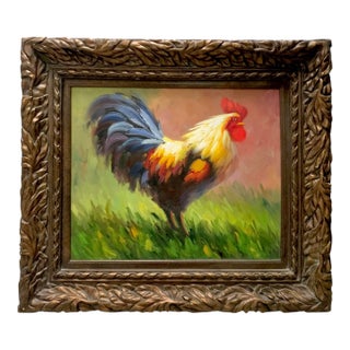 Rooster Painting Colorful Large Oil on Canvas Vintage French Country Art Decor For Sale