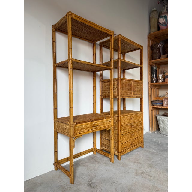 Vintage Coastal Rattan & Bamboo Étagères – A Pair For Sale - Image 4 of 12