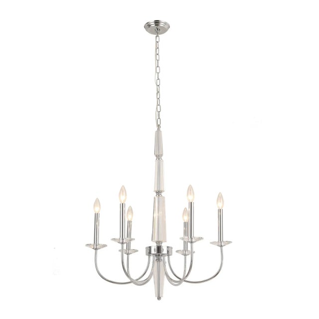 The Hestia chandelier showcases six candle-style lights held aloft in a classic candelabra arrangement, enhanced by...