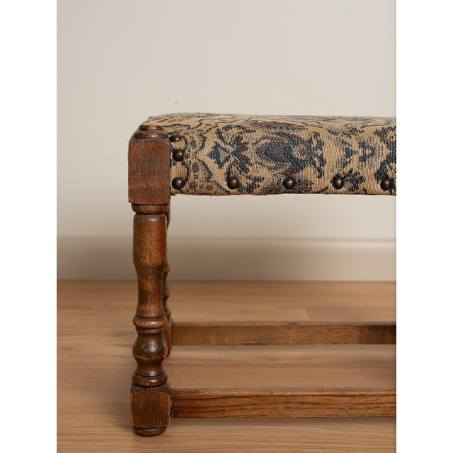 English Early 20th Century Oak and Fabric Footstool For Sale - Image 3 of 5