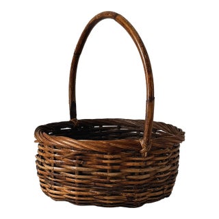 Vintage Handwoven Gathering Basket With Tall Handle For Sale