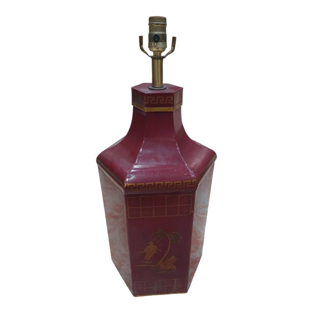 Vintage Red Italian Chinoiserie Tea Caddy Table Lamp For Sale