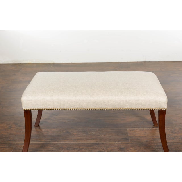 19th Century English Regency Bench with Saber Legs and Custom Linen Upholstery For Sale - Image 11 of 12