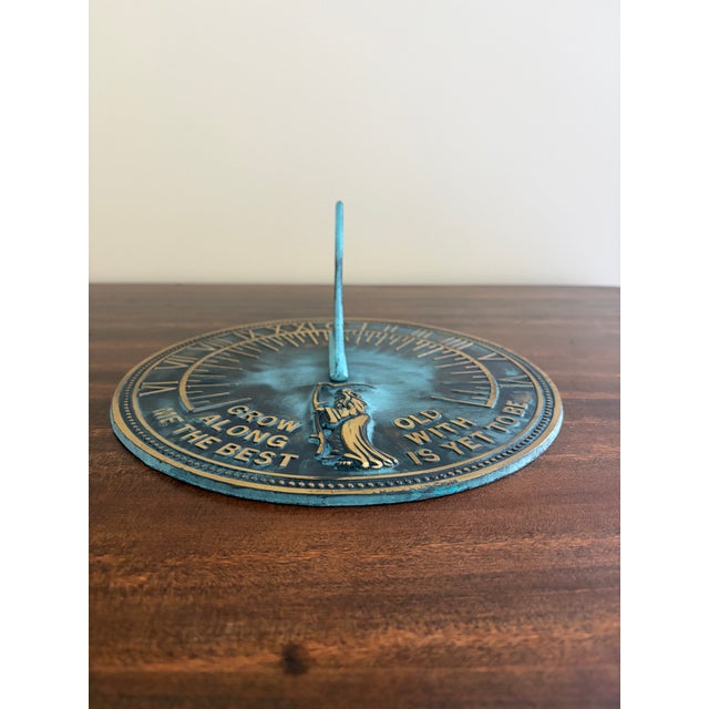 French Country Vintage English Country Iron Verdigris Garden Sundial "Grow Old Along With Me" For Sale - Image 3 of 8