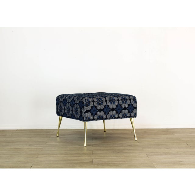 Sophisticated ottoman upholstered in a High End navy blue chenille textile with geometric pattern This ottoman is...