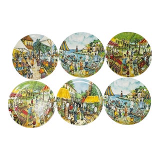 1980s Vintage Brunelli Designs Made in Italy Folk Art Market Scene Ceramic Salad Plates - Set of 6 For Sale