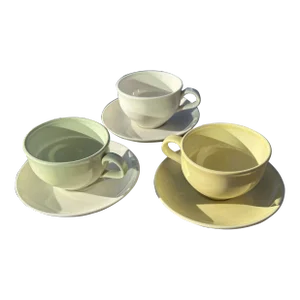 1940s Russel Wright White, Yellow & Light Green Cup & Saucer Set- 6 Pieces