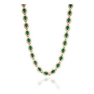Vintage 14k Yellow Gold Tennis Necklace With 9.88ct Emeralds and 5.24ct Diamonds For Sale