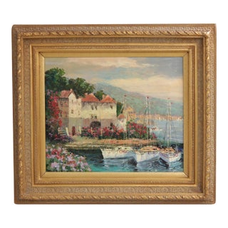 Framed Oil Painting on Canvas Harbour Scene Artist Signed For Sale
