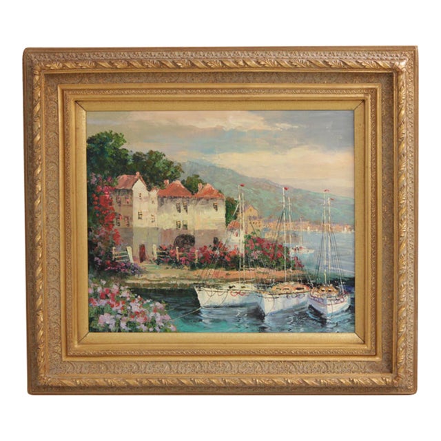 Framed Oil Painting on Canvas Harbour Scene Artist Signed For Sale