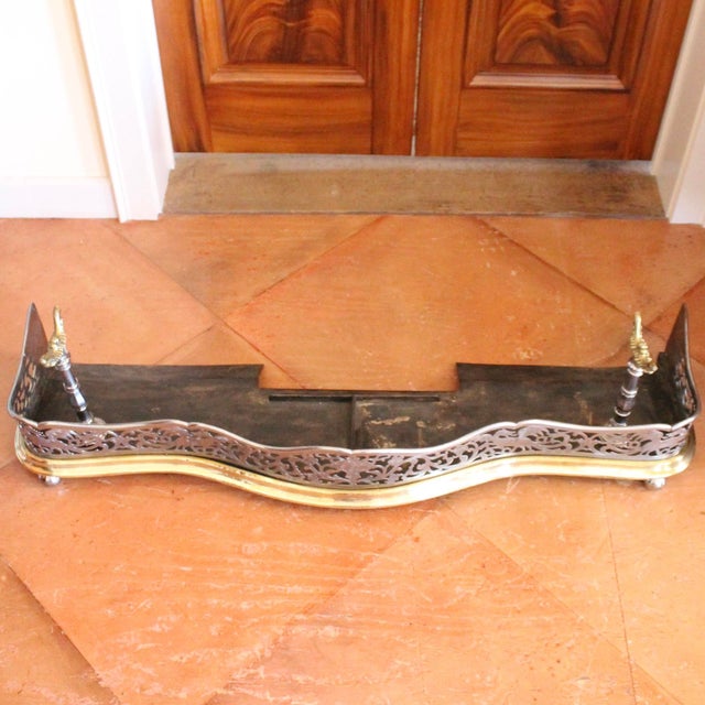 Antique English Polished Steel and Brass Open Frieze Fender With Built in Tool Rests For Sale - Image 4 of 13