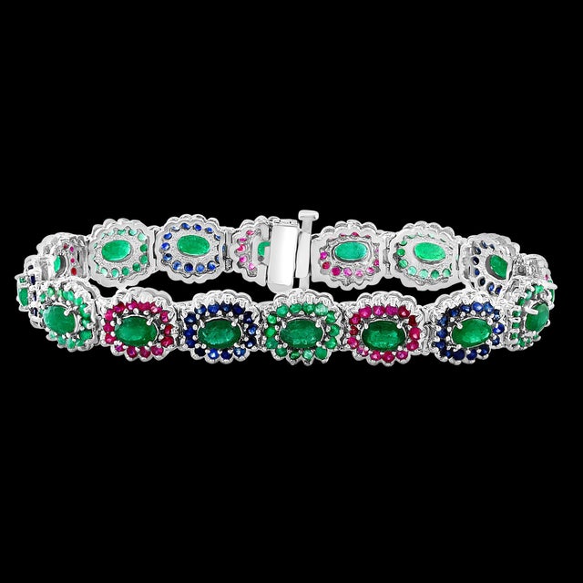 8 Ct Oval Cut Emerald & Ruby & Sapphire Tennis Bracelet 14 Kt White Gold 25.5Gm For Sale - Image 12 of 18