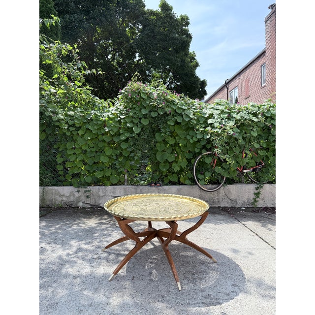 Vintage Mid Century Moroccan Embossed Brass Teak Wood Spider-Leg Coffee Table For Sale - Image 13 of 14
