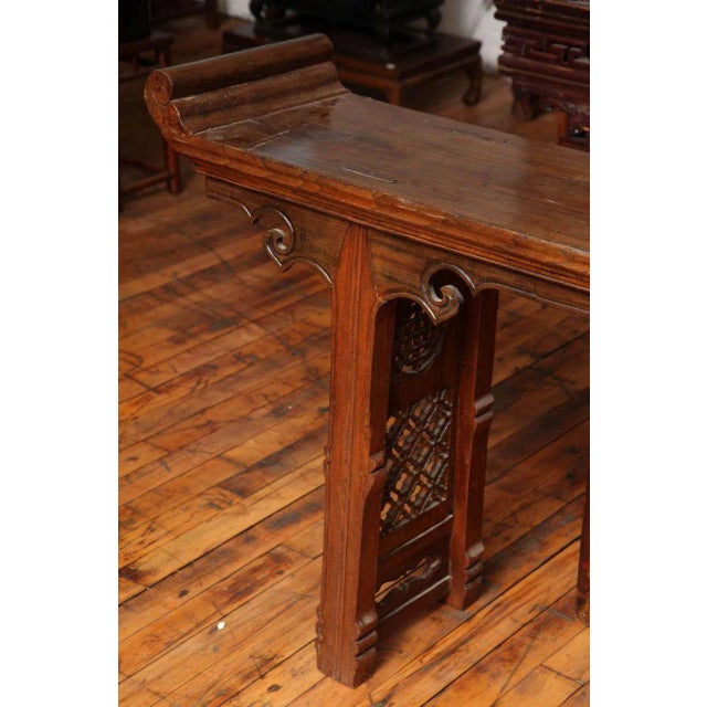 Brown 19th Century Chinese Long Carved Wooden Console Table With Fretwork Design For Sale - Image 8 of 11