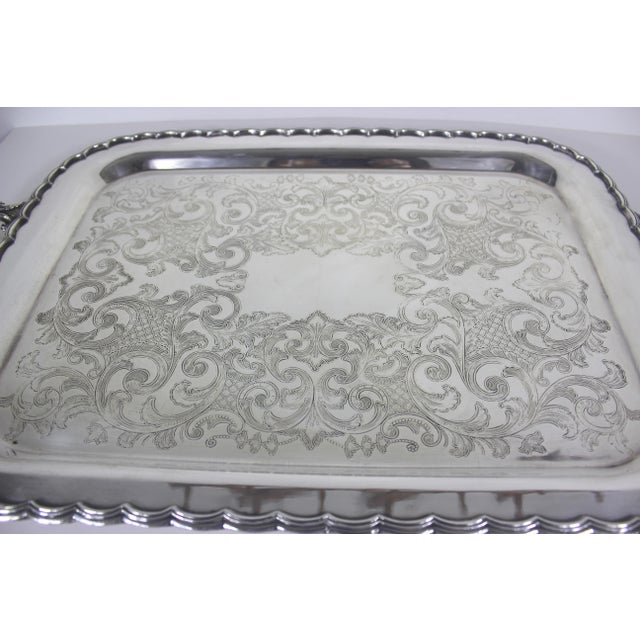 Metal Extra Large Butler’s Tray Silver Plated Rectangular Platter Vintage Plate Ornate Shell or Fan Handles Embossed Serving For Sale - Image 7 of 13