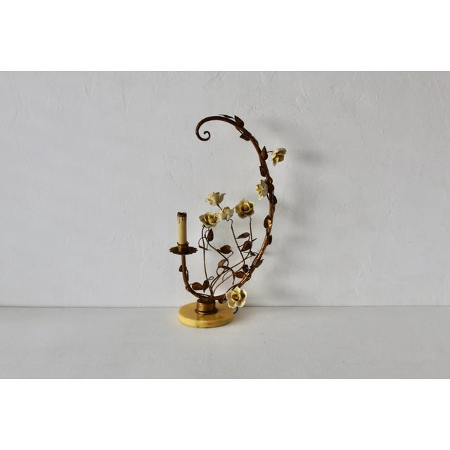 Italian Gilded Tole Porcelain Yellow Roses Leaf Vine Marble Base Table Accent Lamp Vintage Mid-Century For Sale - Image 4 of 17