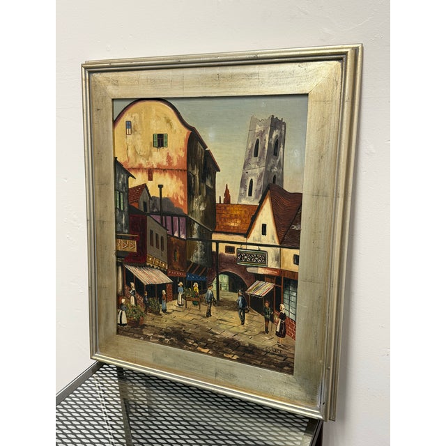 Design Plus Gallery presents a Vintage Signed T. Silver Mid-Century European Village Oil Painting. This oil composition...