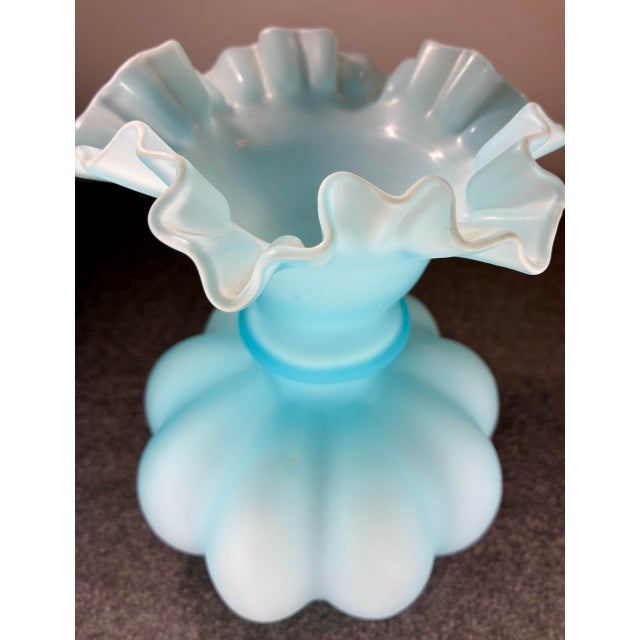 Fenton Art Glass Company 1970s Fenton Blue Satin Crimped Art Glass Melon Vase For Sale - Image 4 of 6