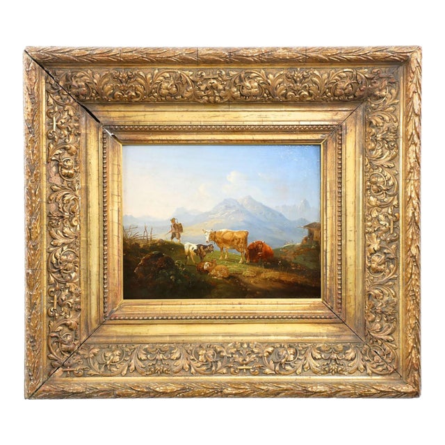 German School Alpine Landscape With Hiker and Livestock, 19th Century For Sale