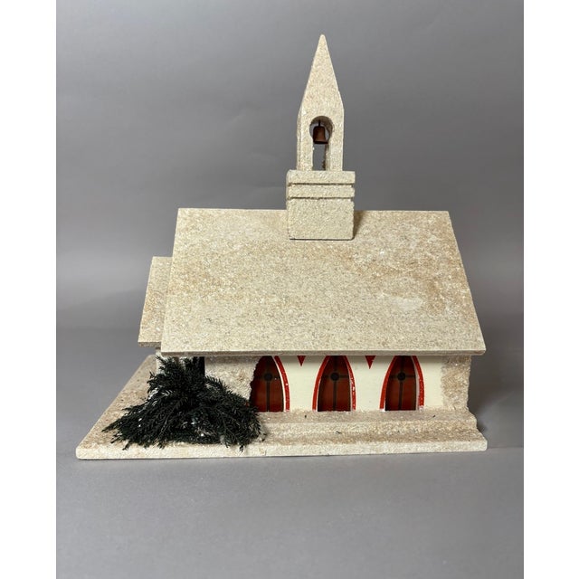 American Vintage Mica Putz Christmas Church Music Box With Bottle Brush Trees, C. 1940s–1950s For Sale - Image 3 of 11