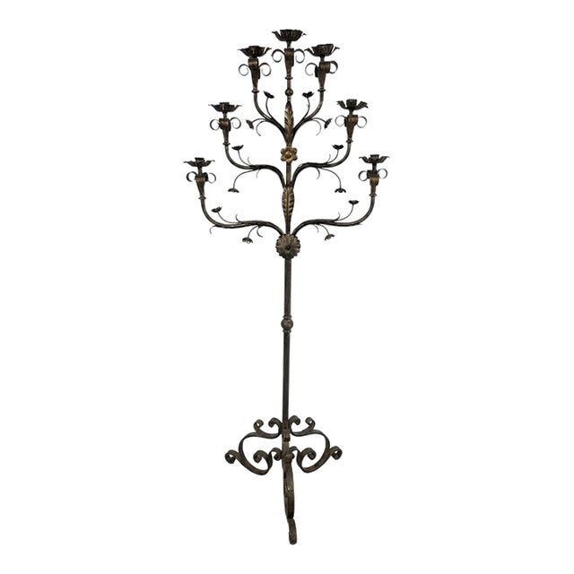 64-Inch Spanish Revival Wrought Iron Nine-Light Tree Form Floor Candelabra For Sale