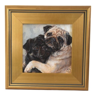 Two Pug Dogs Puppies Hugging Portrait Painting Including the Antiqued Gold Wood Frame For Sale