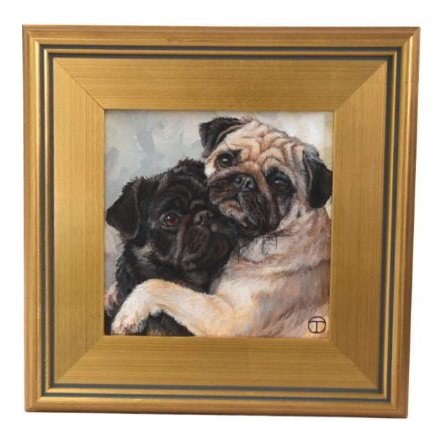 Two Pug Dogs Puppies Hugging Portrait Painting Including the Antiqued Gold Wood Frame For Sale