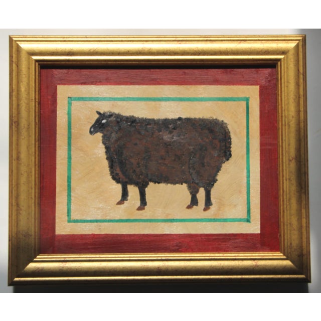 Black sheep, n beige ground, forest green and burgundy border. Americana, Realism , Folk Art, English Traditional. Framed...