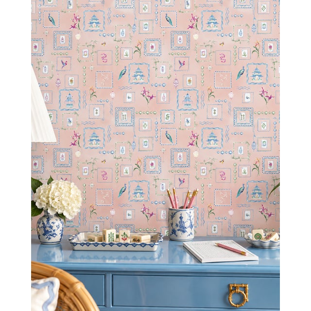 Chinoiserie Mahjong Tile Grasscloth Wallpaper by House Party | Coral Crack | 8 Yards For Sale - Image 3 of 10