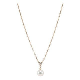 Mikimoto Morning Dew 18k Rose Gold 3 Diamonds 10mm Pearl Pendant Necklace For Sale