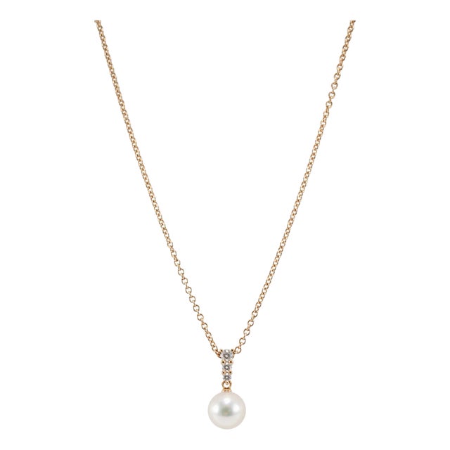 Mikimoto Morning Dew 18k Rose Gold 3 Diamonds 10mm Pearl Pendant Necklace For Sale