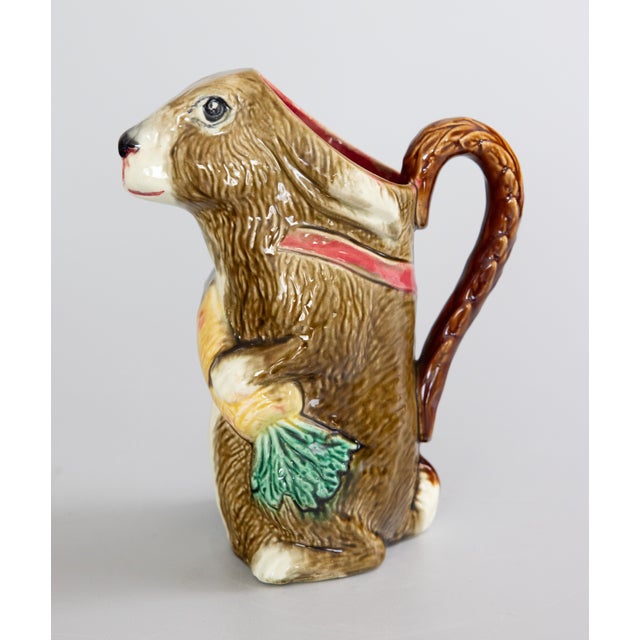 A rare French majolica barbotine rabbit pitcher by Orchies, circa 1890. Model number LP2 on reverse. This highly...